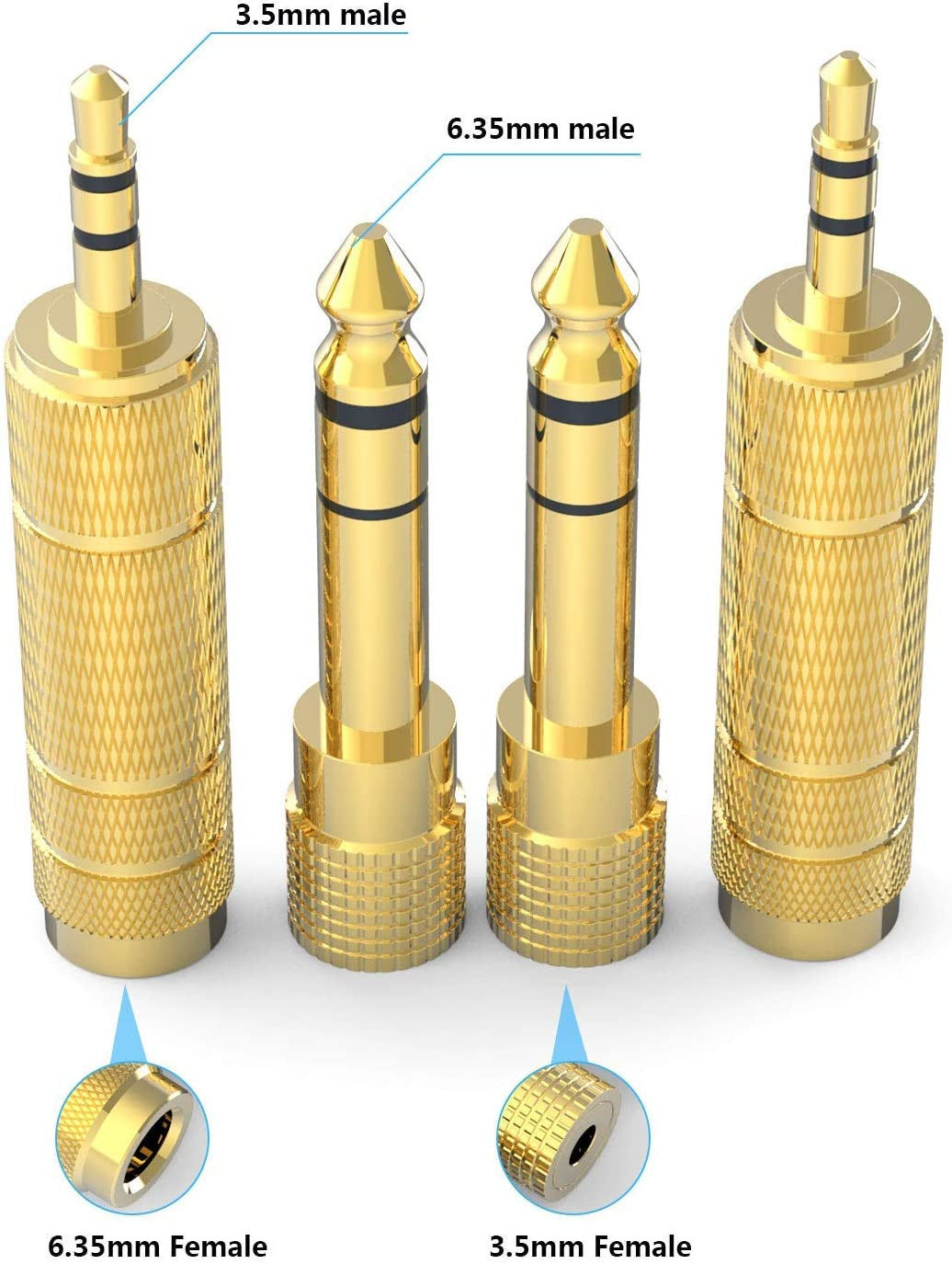 Headphone Adapter 6.35Mm (1/4 Inch) Male to 3.5Mm (1/8 Inch) Female and 3.5 Mm Male Plug to 6.35 Mm Female Jack, Audio Stereo TRS Converter Adapters (4 -Pack Gold Plated)